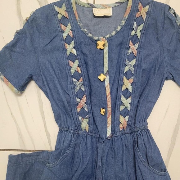 Vintage blue denim cottagecire jumpsuit with quikted details and pockets 90s - Picture 2 of 8
